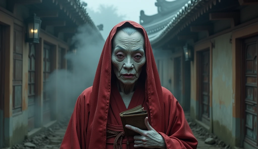 Top quality, masterpiece, old oriental shabby house background, 500 year old oriental female monk Beopjang, holding a book of law and a staff, old oriental background, detailed image texture, creepy, horror, creepy atmosphere (not AI image), cloudy weather, fog, low color image, creepy, character filling the screen, image from various angles, delicate skin expression, wrinkled skin, bloodless skin (grayish), wearing complex red clothes, reciting a spell, Beopjang monk with heavy white makeup, wearing monk's clothes