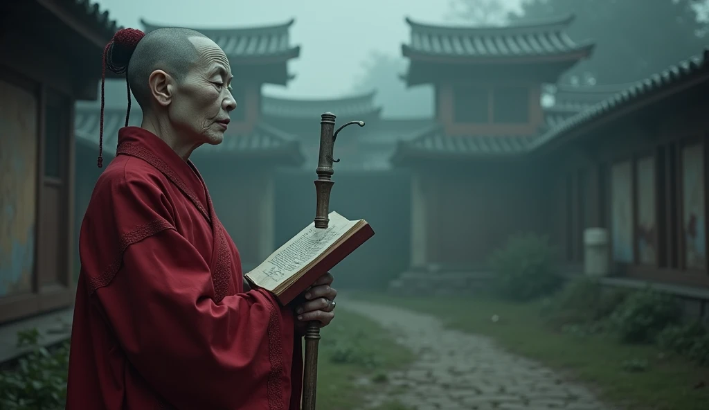 Top quality, masterpiece, old oriental shabby house background, 500 year old oriental female monk Beopjang, holding a book of law and a staff, old oriental background, detailed image texture, creepy, horror, creepy atmosphere (not AI image), cloudy weather, fog, low color image, creepy, character filling the screen, image from various angles, delicate skin expression, wrinkled skin, bloodless skin (grayish), wearing complex red clothes, reciting a spell, Beopjang monk with heavy white makeup, wearing monk's clothes