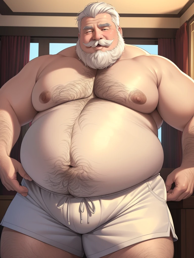 fat daddy, hot daddy, a smiling ((obese old man, chubby, big fat, massive belly, massive fat), detailed realistic portrait, 8k high resolution, topless, sumo physique, perfect center, full view, realistic skin texture, wrinkled face, short hair, thick mustache, white hair, bearded, jovial expression, huge belly, fat, wearing shorts, high detail, masterpiece, (best quality,4k,8k,highres,masterpiece:1.2),ultra-detailed