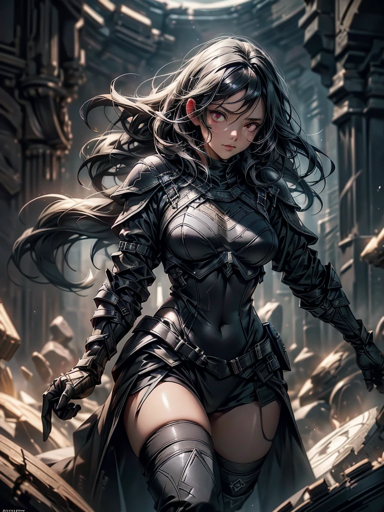 Dark-haired Scandinavian girl wearing half-plate armor and a frilly skirt over a skin-tight black bodysuit, (Long black hair:1.4), Red eyes,Attractive breasts、High resolution (High Dynamic Range), Ray Tracing, NVIDIA, Super Resolution, Scattered under the surface, Anisotropic Filtering, Written boundary depth ,Maximum clarity and sharpness, Surface Shading, Dramatic lighting