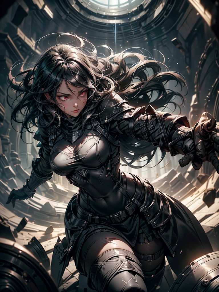 Dark-haired Scandinavian girl wearing half-plate armor and a frilly skirt over a skin-tight black bodysuit, (Long black hair:1.4), Red eyes,Attractive breasts、High resolution (High Dynamic Range), Ray Tracing, NVIDIA, Super Resolution, Scattered under the surface, Anisotropic Filtering, Written boundary depth ,Maximum clarity and sharpness, Surface Shading, Dramatic lighting
