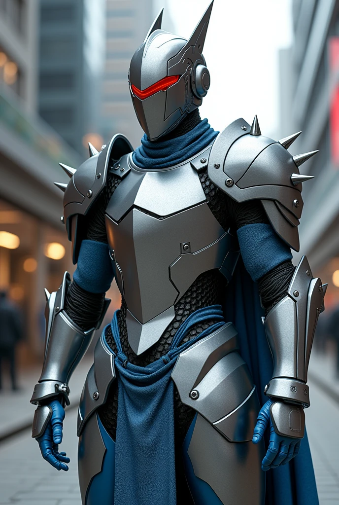 create a full body image of a modern techo knight, blending the appearance of knight armor with a futuristic technology. The helmet should resemble a barbuda helmet, with a narrow red visor and antennae on the sides. The metal plates should be shiny and reflective. The armor has a high collar, and intricate details. The gloves, boots and chest plate should be blue while the rest of the armor plates should be grey. There is a tech under-suit, with a hex pattern on it. the background is that of a modern city street. no cape. blue gloves, blue chest, spikes on the forearm. add intricate technological details to the armor.