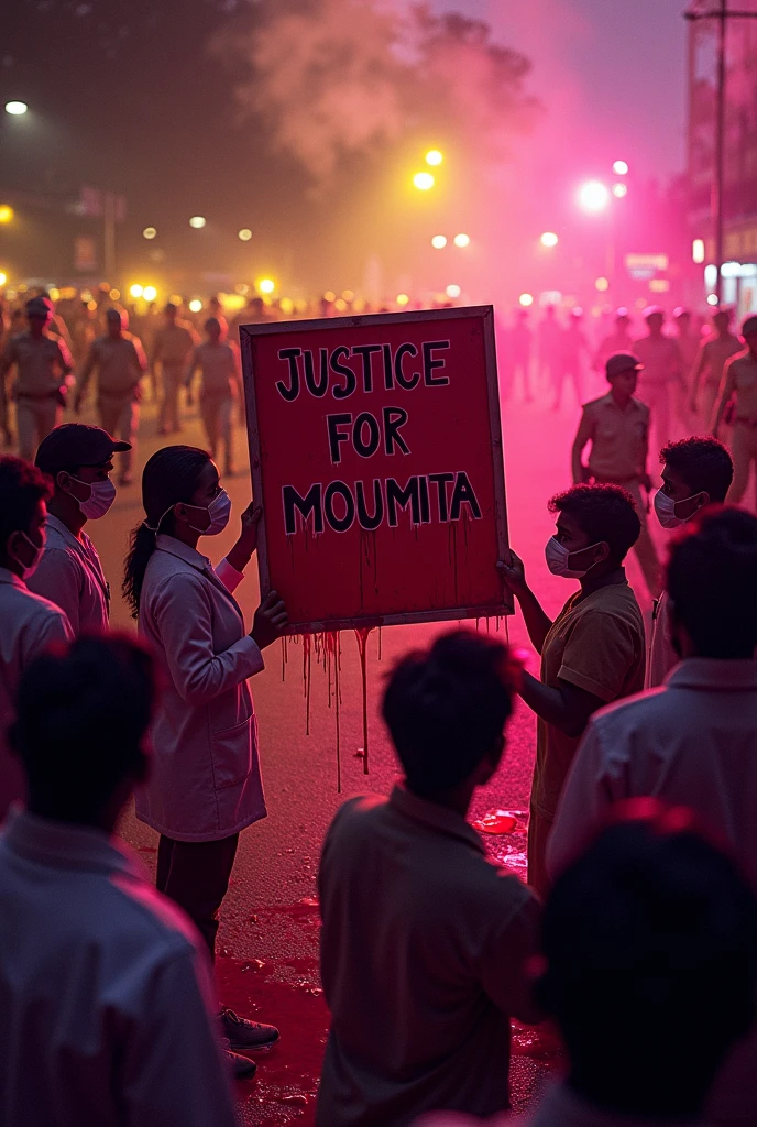 Bloody image with title 'Justice for moumita' and many doctors and crowd of peoples around the board on the road with pink and yellow light on their face #hang the rapiest and blood is dropping from the board police charging lathi