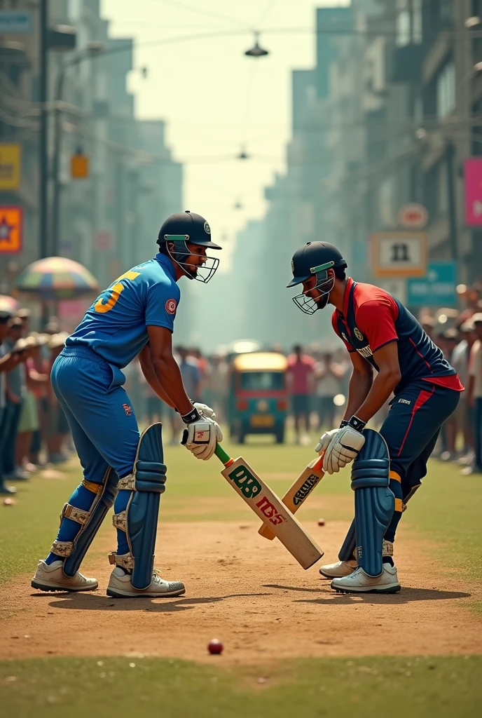 Salman Khan and Dhoni playing cricket due in Mumbai Road and people seeing the sports