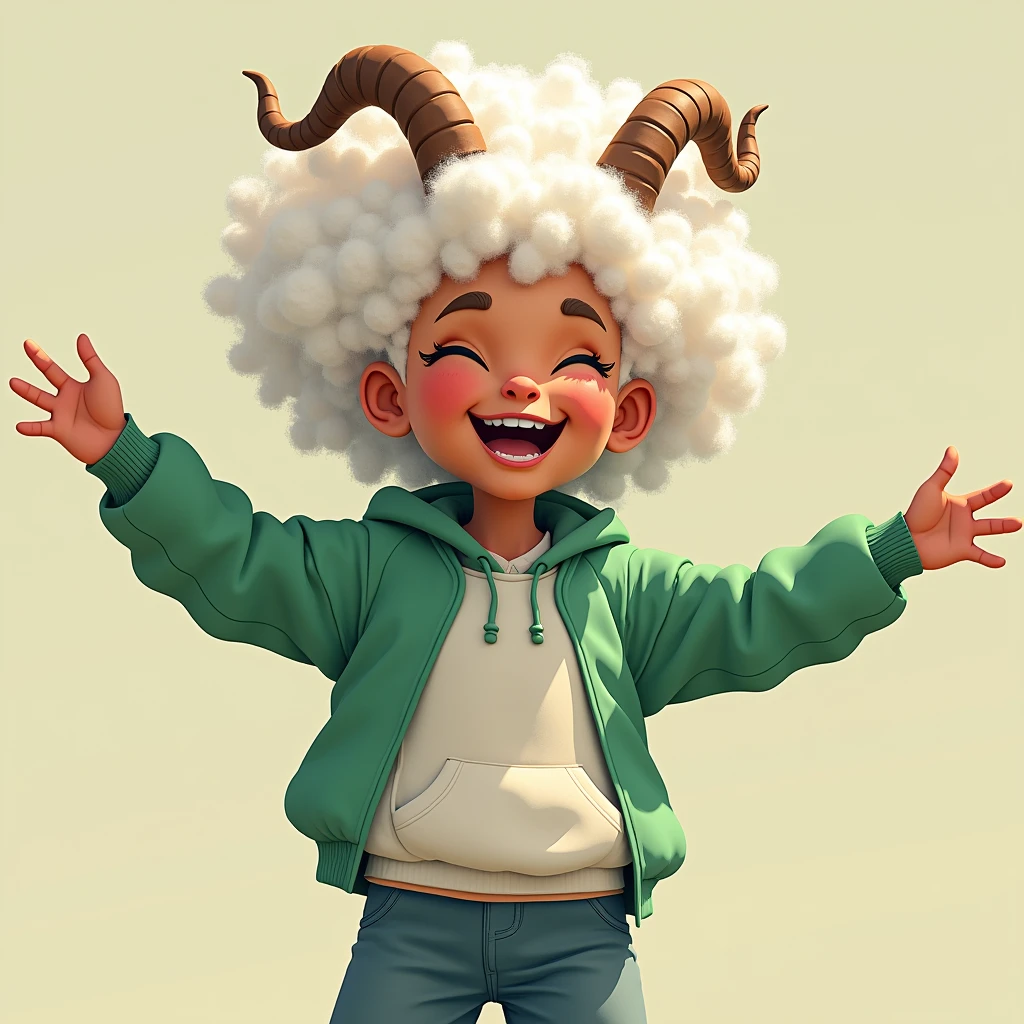 Very happy girl with her arms outstretched to the sides, with a green and white short hooded jacket, with goat horns and white afro hair, in 3/4 and front view and a little elevated