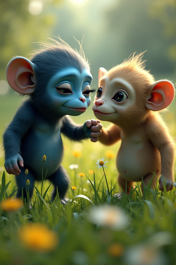 a with blue skin, extremely detailed eyes and face, long eyelashes, beautiful detailed lips, beautiful detailed eyes, holding hands with a chimpanzee and a cow, walking in a lush green meadow, sunlight filtering through the trees, vibrant colors, cinematic lighting, masterpiece, hyper realistic, 8k, ultra-detailed, photorealistic, best quality