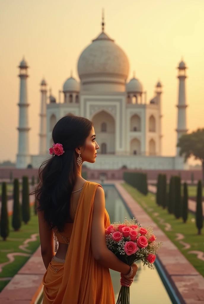 A girl was visit for Taj Mahal in evening with flower bouquet