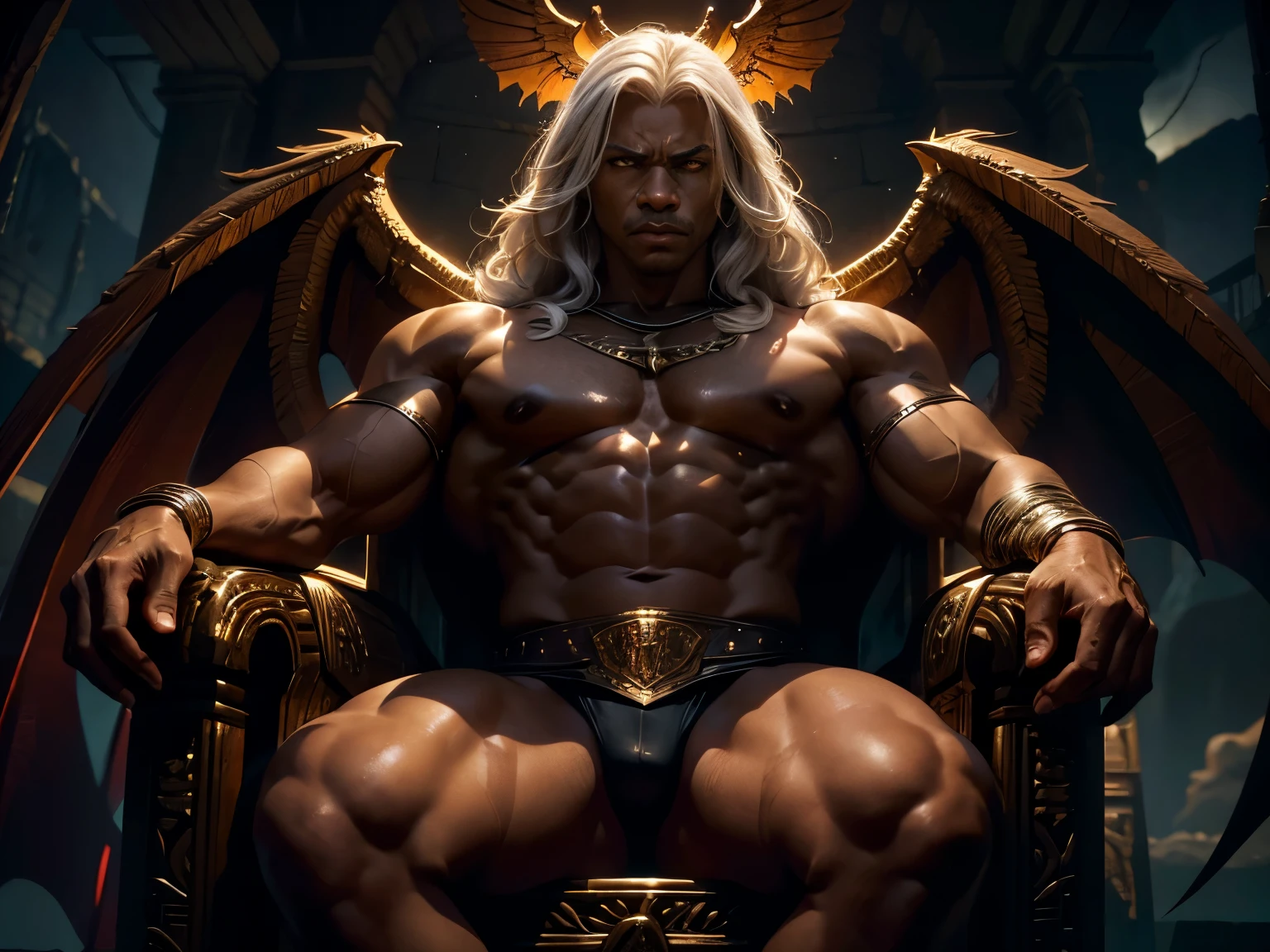 a muscular oiled up african american bodybuilder from the 80s with a hooked nose, large orange eyes, long white hair and wings, sitting on a demonic throne with engravings, dark dungeon, best quality, 8k, highres, masterpiece, ultra-detailed, realistic, photorealistic, studio lighting, extreme detail description, dramatic lighting, cinematic, dark fantasy, moody, dramatic