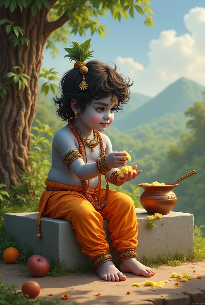 A beautiful pictureof lord shri krishna, during his childhood era, eating maakhan out of a traditional matki, sitting on a big concrete block, with a beautiful vrindavan in the background