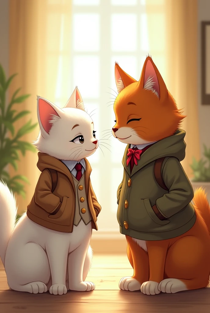 The white cat, dressed in stylish clothes, and the muscular ginger cat, also in stylish attire, slowly come closer to each other, exchanging loving glances. They start talking, and the white cat wins the ginger cat's heart with her simplicity and innocence. Both of them laugh and smile, looking happy in each other's company.