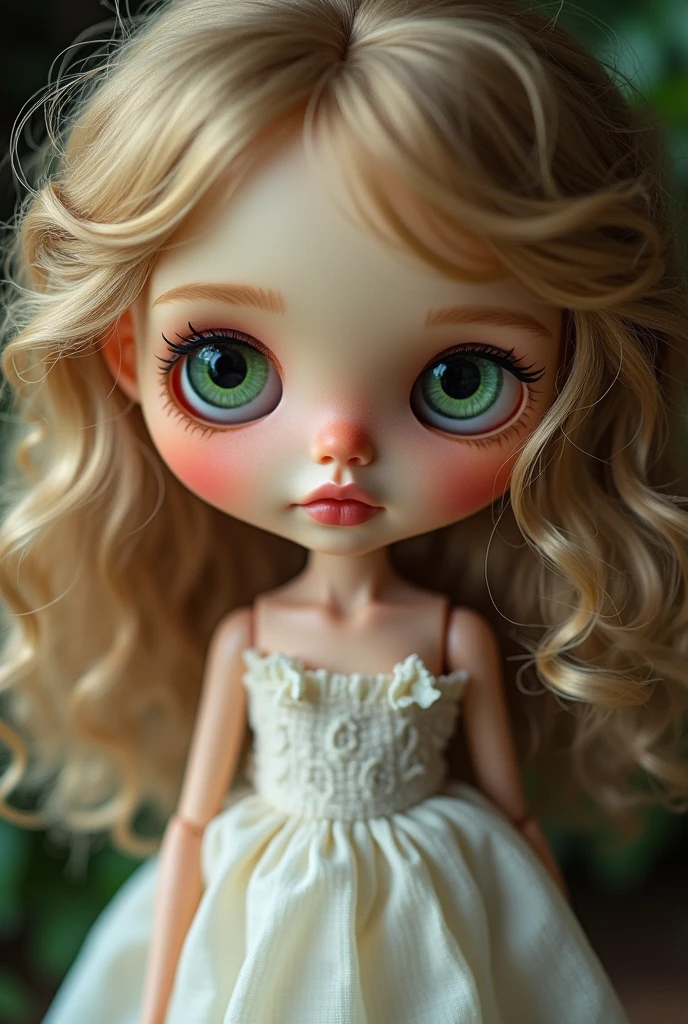 crie uma Blythe Doll,with dark green eyes,but clearer,with medium curly hair,blonde with small brown and curly highlights,pale white,rounded and reddish sides.