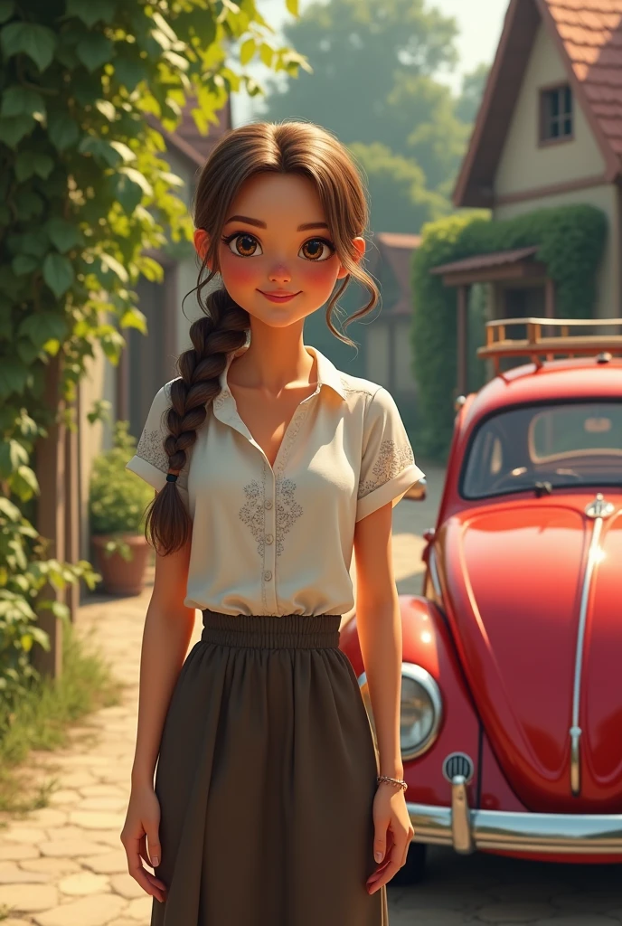 60 year old woman, slim, smiling, light brown complexion with freckles on her hands, castle hair and tied in a braid, eyes the color of honey, She is wearing a long plain skirt and a short-sleeved blouse with a pretty print., black heels, next to a red bug and in the background a house in a town with a vine 