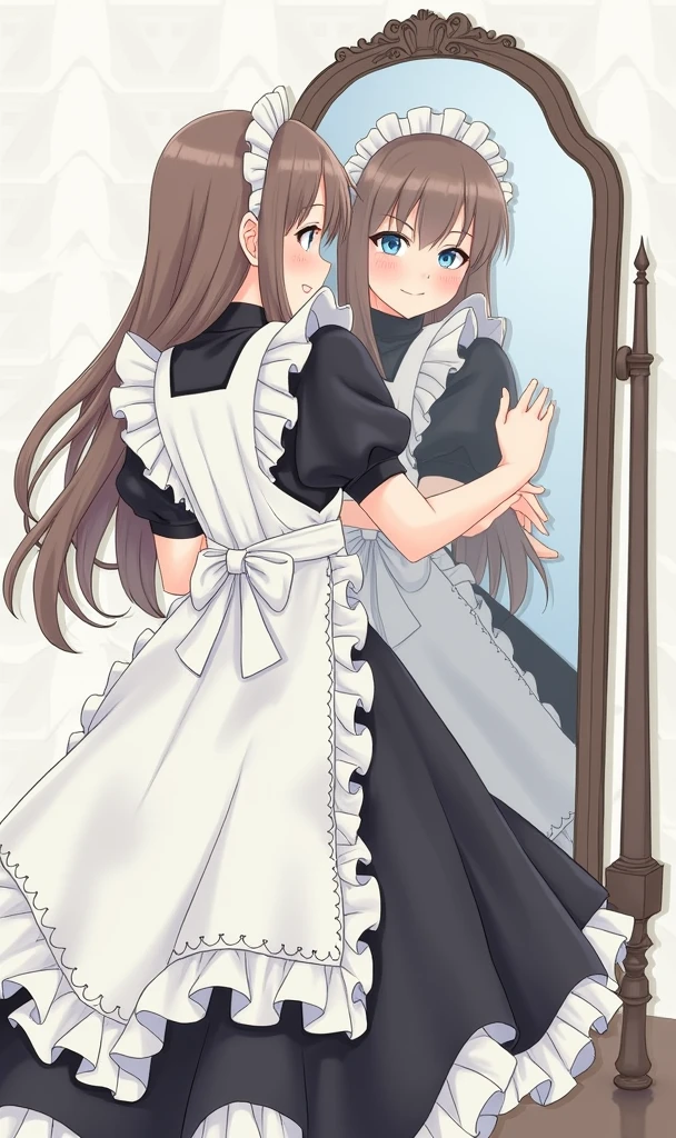 a close up of a woman in a dress looking at herself in a mirror, anime girl in a maid costume, (hair swept bangs:1.3), (long brown hair:1.3), 1girl, solo, long hair, blush, bangs, blue eyes, brown hair, long sleeves, dress, purple eyes, frills, puffy sleeves, apron, black dress, maid, juliet sleeves, white apron, maid apron, reflection, mirror, skirt hold, looking at mirror, anime style, from girls frontline, fine details. girls frontline, girls frontline universe, girls frontline style, girls frontline, girls frontline cg, soft anime illustration, 2 0 2 2 anime style, 2022 anime style, pixiv contest winner, pretty anime character design, render of april