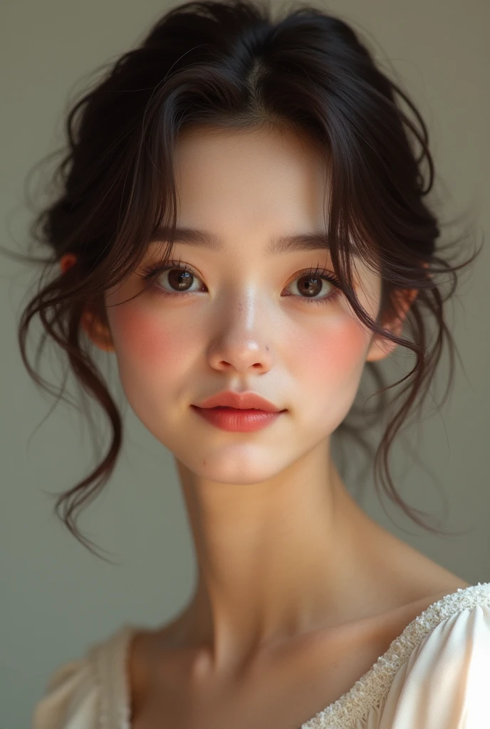 I have to keep my mouth with a square shaped face. medium tone skin. Round eyes and striking large eyelashes. Small and defined eyebrows. delicate nose. Medium and defined mouth, sweet smile, delicate and defined chin. Cheek with a hole. Dark brown social cut hair.