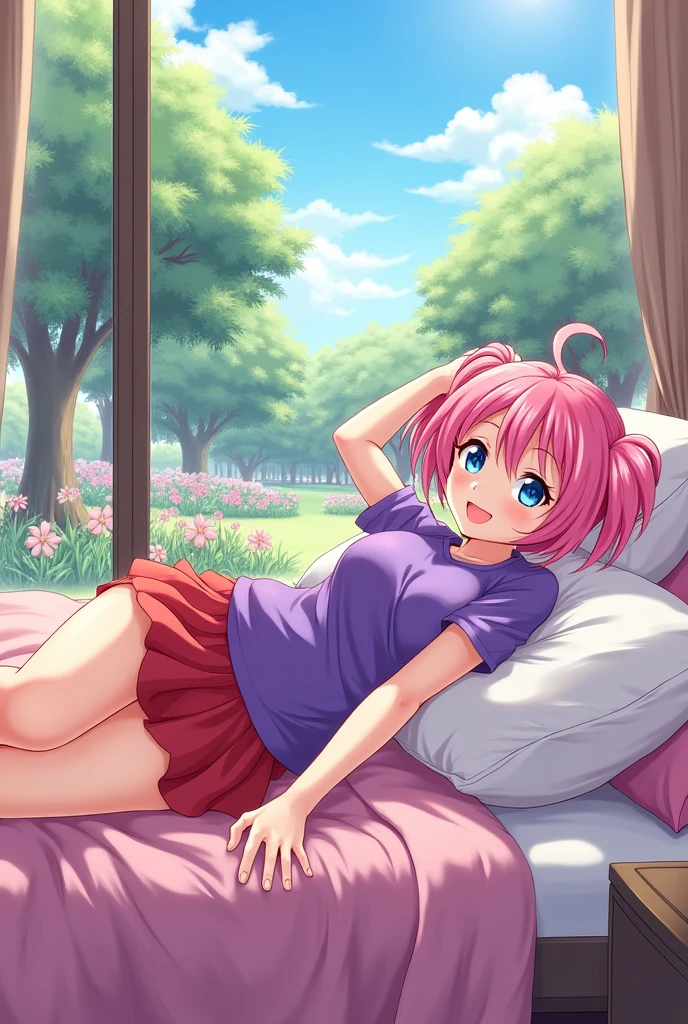 Draw me a female character, pink hair with two pigtails, blue eyes, red skirt and purple shirt. anime style. It is on a bed and behind it a large window that shows a flower garden..