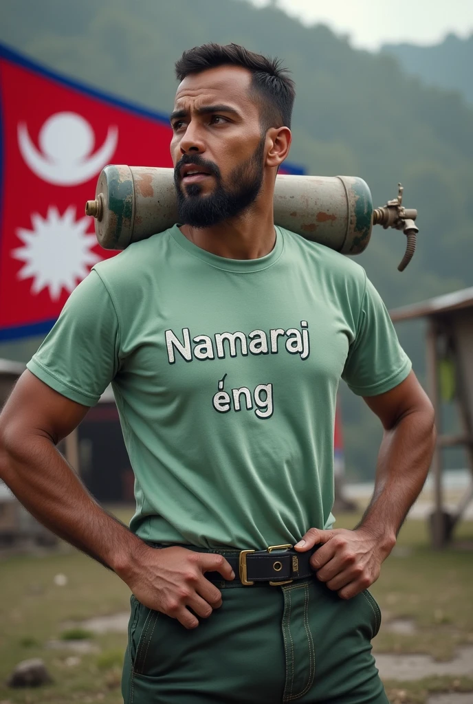 A man holding oxygen cylinder wearing half pant and light green t-shirt written Namaraj NG On it with realistic text with Nepal background and its flag