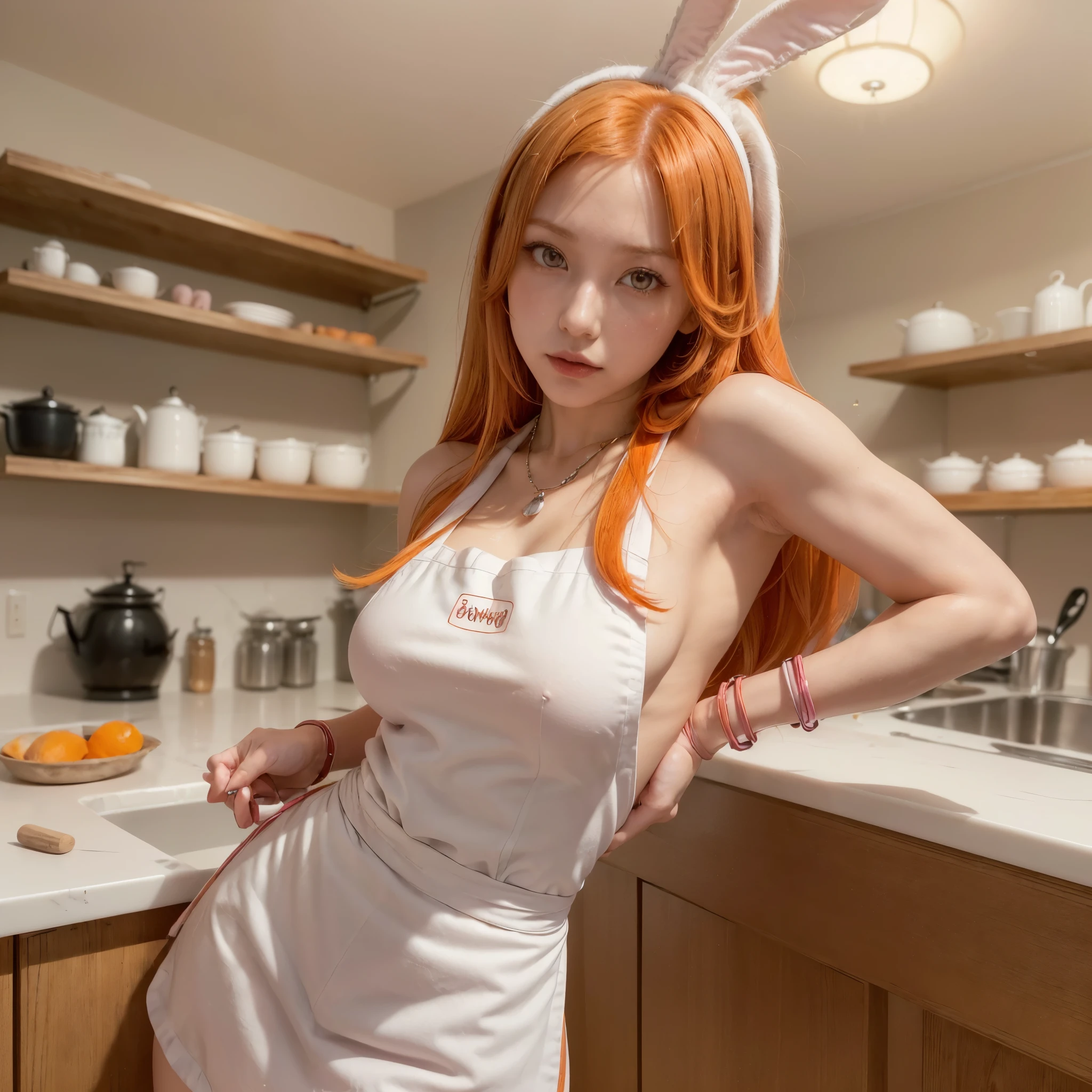 (((1girl, solo, Orihime, Orihime Inoue, bleach, (Orange hair, Orange  eyes, long hair, rabbit ears, White skin), lipstick, fitness)), sensual pose, Beautiful, diamond necklace)), ((solo, 1woman, pink lipstick, Extremely detailed, ambient soft lighting, 4k, perfect eyes, a perfect face, perfect lighting, a 1girl)), austere, ((fitness,, shapely body, athletic body, toned body)), (( pink apron, just wearing an apron, naked, kitchen, household utensils, pans, pots, shelves, counter, sink, bracelets, elegant decor, sexy ))