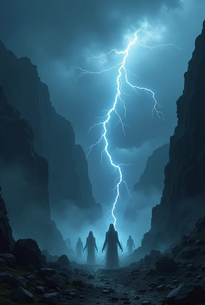 The sky becomes completely dark, and lightning illuminates the scene, revealing spectral figures emerging from the ruins.
The figures look like the spirits of former inhabitants, awakened by the tremor. Its ethereal shapes intertwine with the shadows of the mountains, creating a terrifying and sublime spectacle.