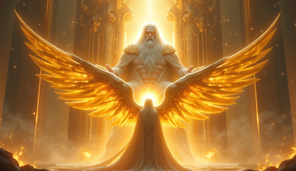 holy paladin, glowing light eyes, glowing golden wingiomechanicals, The colors are very vivid, Light particles, Glowing light angel, wings on angel's back, Mshiv, wallpaper art, ultra HD wallpaper, looking upon a super huge Gigantic God with white hair and white beard, seated on his large golden white thrown, 32K UHD, style raw.