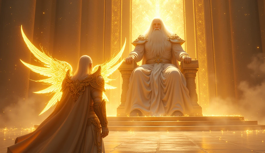 holy paladin, glowing light eyes, glowing golden wingiomechanicals, The colors are very vivid, Light particles, Glowing light angel, wings on angel's back, Mshiv, wallpaper art, ultra HD wallpaper, looking upon a super huge Gigantic God with white hair and white beard, seated on his large golden white thrown, 32K UHD, style raw.