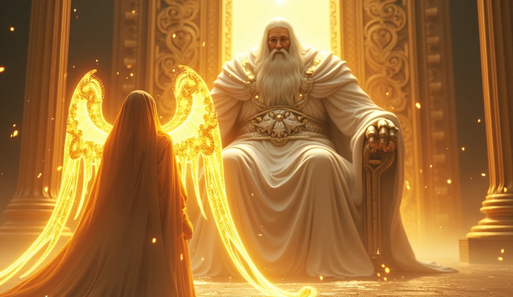 holy paladin, glowing light eyes, glowing golden wingiomechanicals, The colors are very vivid, Light particles, Glowing light angel, wings on angel's back, Mshiv, wallpaper art, ultra HD wallpaper, looking upon a super huge Gigantic God with white hair and white beard, seated on his large golden white thrown, 32K UHD, style raw.