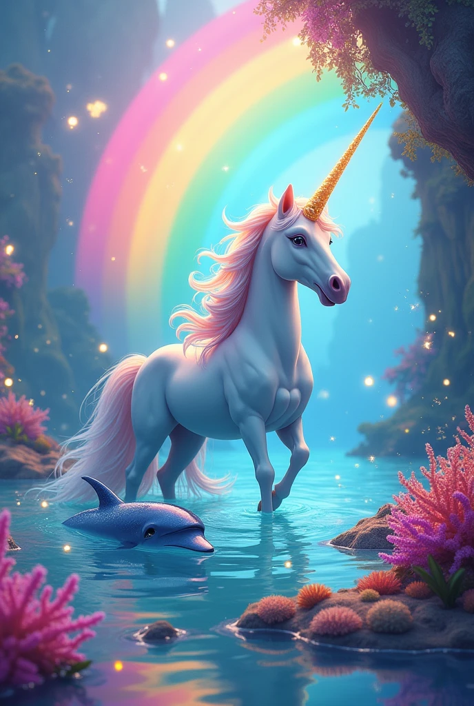 A colorful image with a unicorn and a dolphin with a rainbow and color saturation with sparkles in the sea