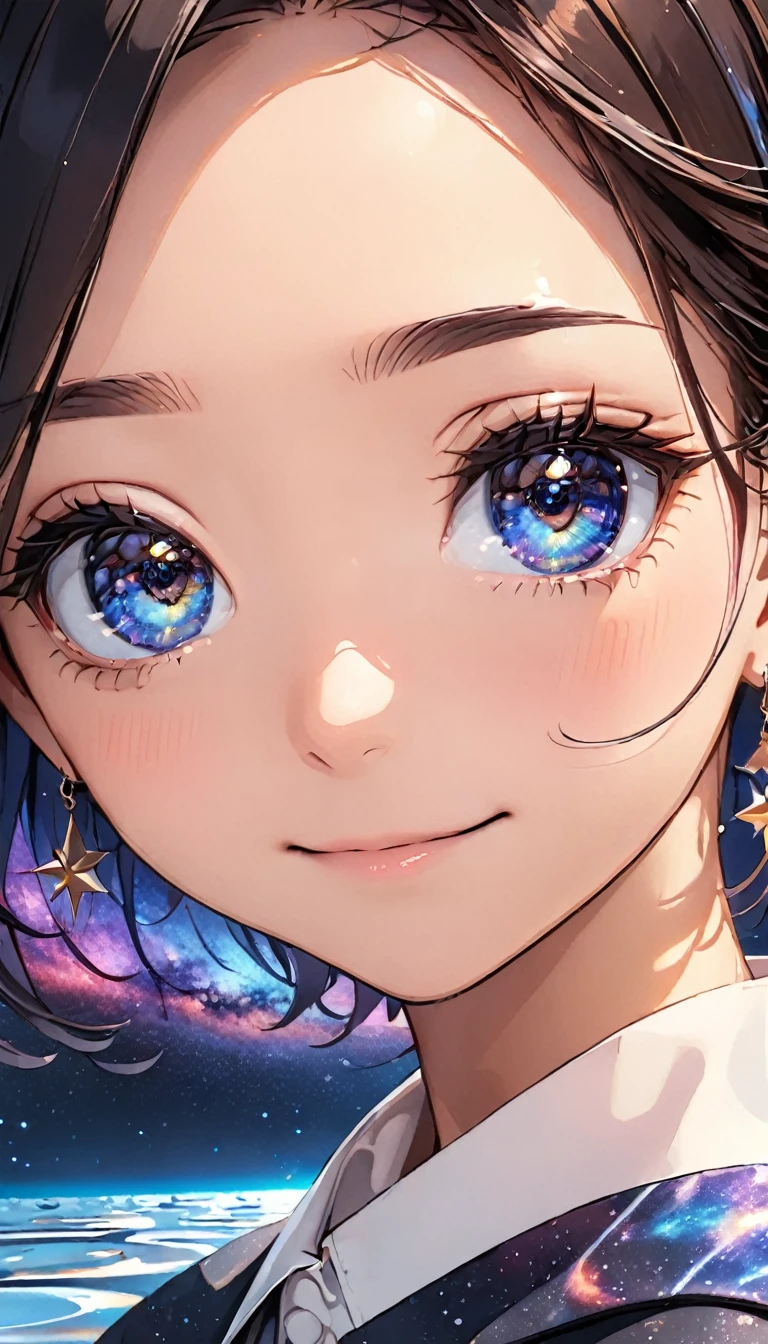 anime illustration, ((((highest quality)))), (((Ultra-precision CG 16K))), (((masterpiece))), BREAK skinny body, slender waist, medium Breasts, (((perky breasts))), ((sagging breasts)), (covered nipples),  (((tanned skin, tan lines))) , BREAK (written in detail of face, smiling, blush, determined expression, sweaty , Heavy breathing, embarrassed, ) , (natural make), BREAK narrow eyes, (streaked hair, hair intakes, colored inner hair, ) BREAK (((wearing printed oversized clothing , wearing wide-leg-pants, breasts is covered by outfit, (detailed panty), Narrow aisles,))) , wearing earrings , BREAK ( stick breast out,) BREAK  (( ripples , horizon , under the cosmic sky on the cosmic sea , cosmic effects, milky way, a girl blended into the background )), ((extremely closeup of eyes shot, looking at viewer, extremely detailed eyes )), BREAK ((cinematic  , pinup magazine pose, dancing 