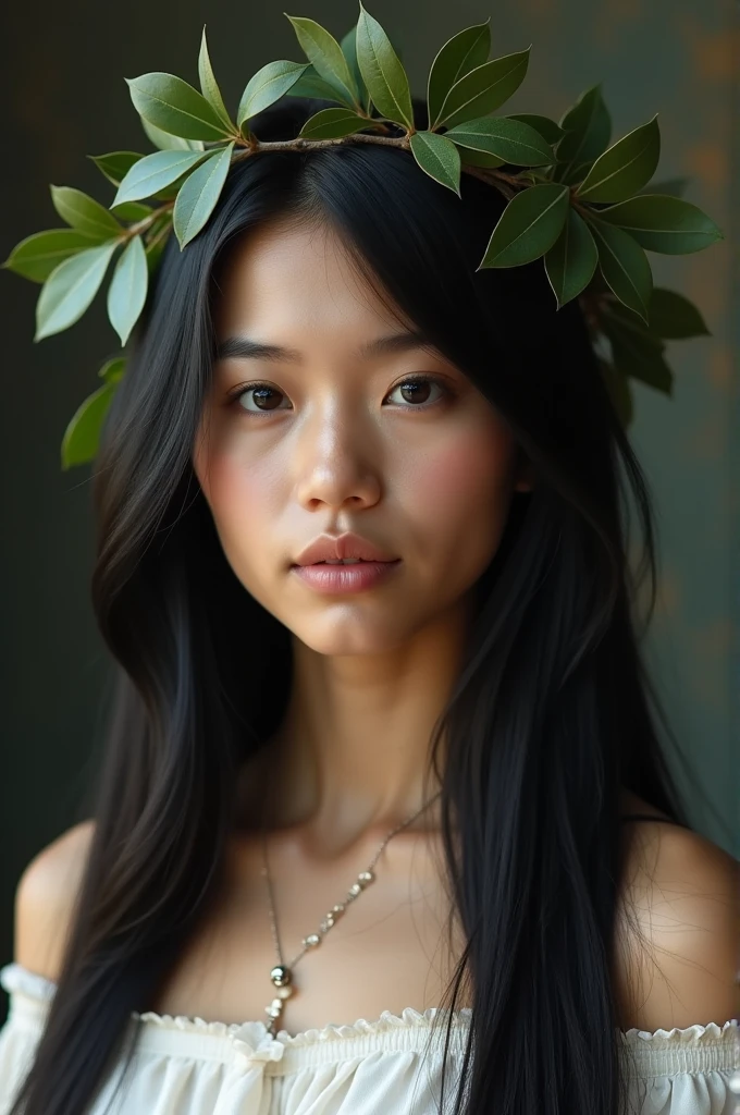 White girl with straight black hair, gorda, with Greek crown of leaves