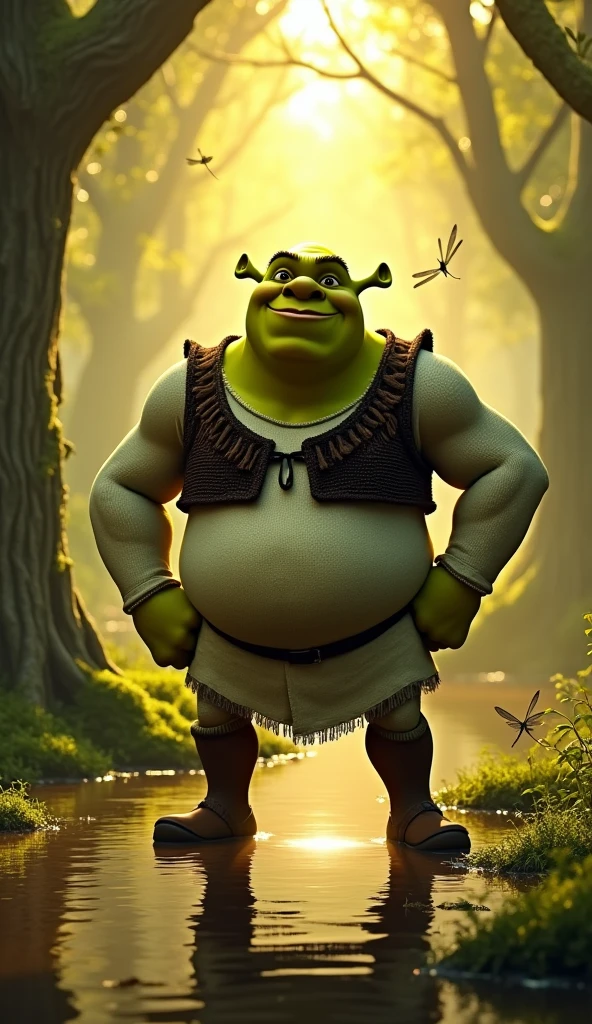 Shrek stands in the heart of his beloved swamp, the lush, green landscape around him shimmering with the glow of late afternoon sunlight. His robust, ogreish form is clad in his iconic brown vest and tattered white shirt, with his broad, green face illuminated by the warm, golden light. The swamp's murky water reflects his contented smile, while dragonflies flit around, adding a touch of whimsy to the scene. His massive hands rest on his hips, exuding a mix of pride and relaxation, as he surveys his domain with a satisfied gaze. The thick, tangled trees and the gentle ripple of the swamp water enhance the sense of tranquility and homeliness, capturing the essence of Shrek’s rugged yet endearing presence in his natural, beloved environment.
