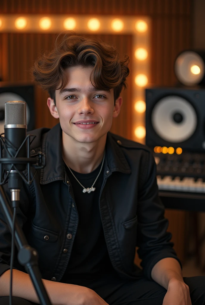 Create a young handsome attractive boy sitting in front of mike in his set up studio and  he is looking at the camera  with good and attractive background 