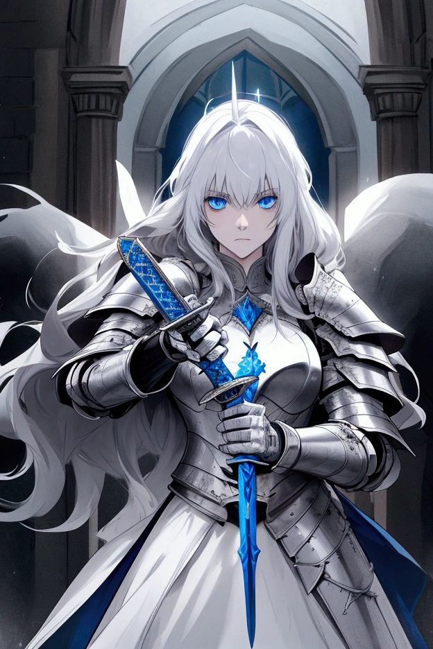 A white knight with long hair, Wearing heavy armor, with blue eyes and holding a long sword.