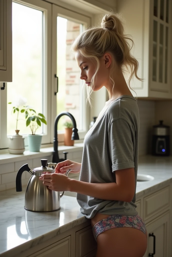 The image captures a candid moment of a young woman with platinum blond hair in a relaxed home setting. She is dressed casually in a loose grey t-shirt and patterned underwear, standing in a well-appointed kitchen. Her posture, as she gently handles a kettle, suggests she is preparing a morning beverage, possibly coffee or tea. The room features elegant marble countertops and classic cabinetry, enhancing the serene and comfortable ambiance. Natural light filters through the room, highlighting her gentle, contemplative expression and softly tousled hair. This scene beautifully melds elements of daily routine with a subtle, intimate charm, perfect for themes of morning rituals, quiet moments, or domestic tranquility.