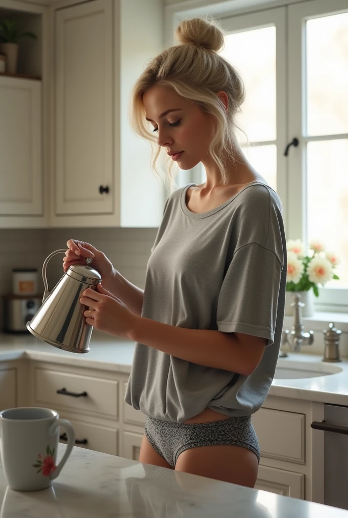 The image captures a candid moment of a young woman with platinum blond hair in a relaxed home setting. She is dressed casually in a loose grey t-shirt and patterned underwear, standing in a well-appointed kitchen. Her posture, as she gently handles a kettle, suggests she is preparing a morning beverage, possibly coffee or tea. The room features elegant marble countertops and classic cabinetry, enhancing the serene and comfortable ambiance. Natural light filters through the room, highlighting her gentle, contemplative expression and softly tousled hair. This scene beautifully melds elements of daily routine with a subtle, intimate charm, perfect for themes of morning rituals, quiet moments, or domestic tranquility.
