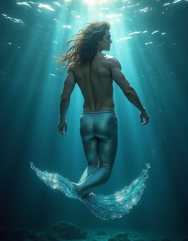 (masterpiece,Distinguished Quality,Mirror-like,Cinematic Experience, insanely detailed,absurdres),8k,full image shot), the shimmering, iridescent depths of an enchanted ocean, (1 male:1.6),mesmerizing sirens,(male, with manly mermaid tale:2.0),(male siren),(manly tale),(manly abs),(all hair types are in),(random, natural coloured hair:2.0),aquamarine eyes gleam with an otherworldly allure, shimmering, crystalline tail glimmers with a soft, ethereal light, beckoning sailors to their doom with a haunting, melodic song that echoes through the mystical, moonlit waves, Imagine the captivating, underwater scene!