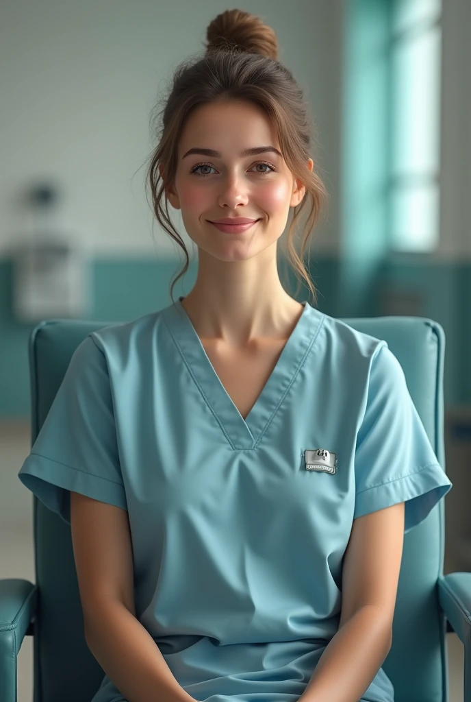 A human like nice female patient sitting in hospital Same this her face front 
