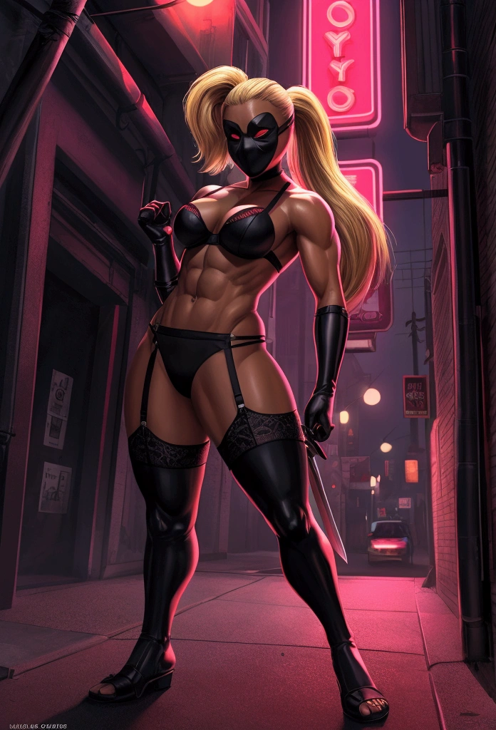 A female character inspired by Lady Deadpool stands confidently in a revealing and skimpy lingerie set in a striking red and black combination. Lingerie enhances her curves and athletic physique. He wears a full mask that covers his entire face., with just a long, Blonde ponytail flowing from the back of the mask. The character's pose is bold and playful, holding his iconic katanas while smiling mischievously. The background is a sandy urban environment, with neon signs and dim streetlights casting dramatic shadows, increasing the sense of danger and excitement.