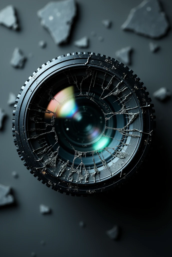 The black camera glass is broken, very close to the camera, straight angle.