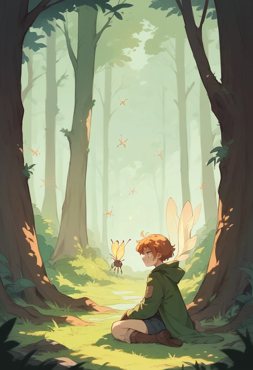 A rusty sword buried in a hole covered by earth next to a tree surrounded by small fireflies glowing in a completely dark forest.