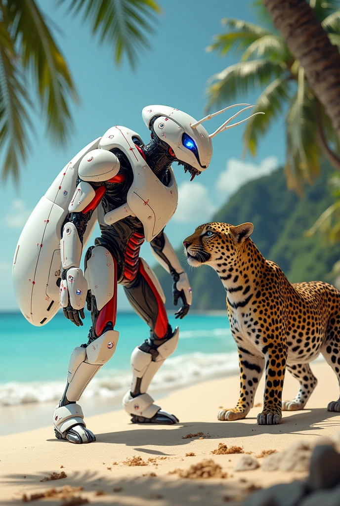 ant in cyber white red suit in beach attacks on leopard