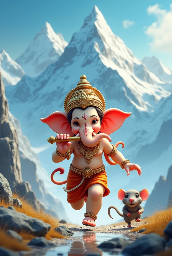 Lord little Vinayaka was running in hands flute and beside a rat also running background a beautiful ice mountains