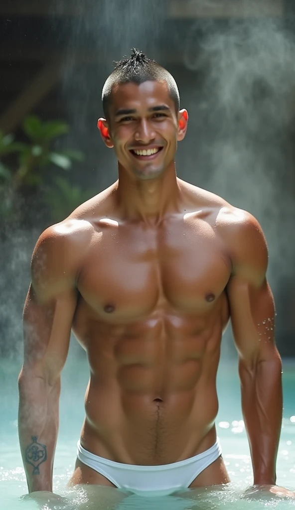 young Asian man 20 years old , buzz cut hairstyle, black hair, short hair details, burly handsome man , ,White thong with large bulges, strong, handsome, outdoor, Take a steam shower., hot spring, Onsen, sweat, look at the audience., depth of field, Bokeh, Detailed background, Detailed light, diffuse natural sunlight, Skin glows naturally., symmetrical eyes, Big smile