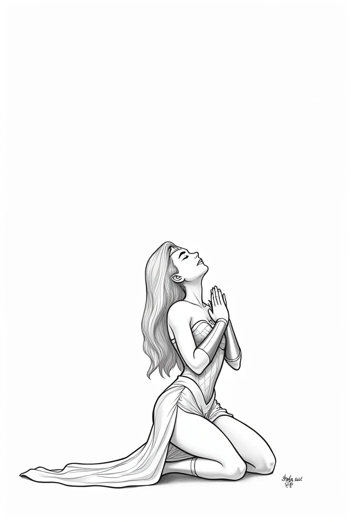 Create an illustration to color. coloring picture. imagem de Boken de ilustração. no shading. Super heroine wonder woman praying, on your knees with your eyes closed. Wonder woman praying, wearing long dress. Full-body image. white background, with nothing. Imagem uncoloredes, disney pixar style drawing. Masterpiece artwork, best qualityer, hight contrast, uncolored, Boken , style cartoon, Sketch style, black and white without shading, uncolored, no shadow, style cartoon, line art,