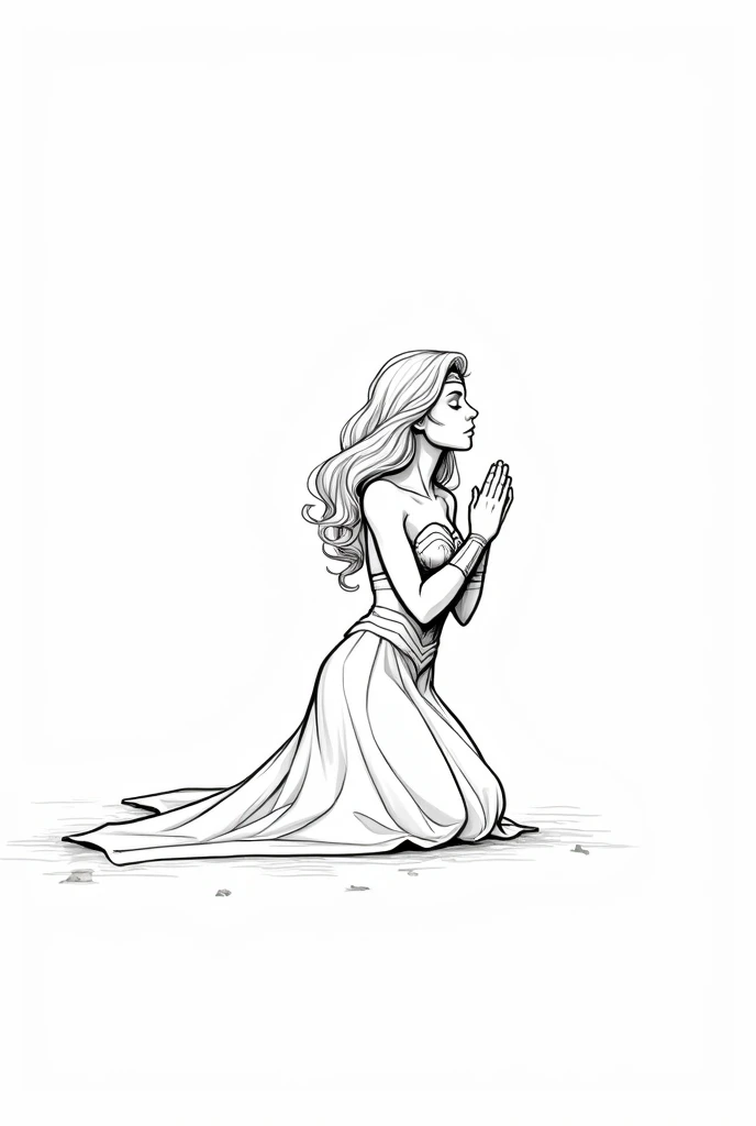 Create an illustration to color. coloring picture. imagem de Boken de ilustração. no shading. Super heroine wonder woman praying, on your knees with your eyes closed. Wonder woman praying, wearing long dress. Full-body image. white background, with nothing. Imagem uncoloredes, disney pixar style drawing. Masterpiece artwork, best qualityer, hight contrast, uncolored, Boken , style cartoon, Sketch style, black and white without shading, uncolored, no shadow, style cartoon, line art,