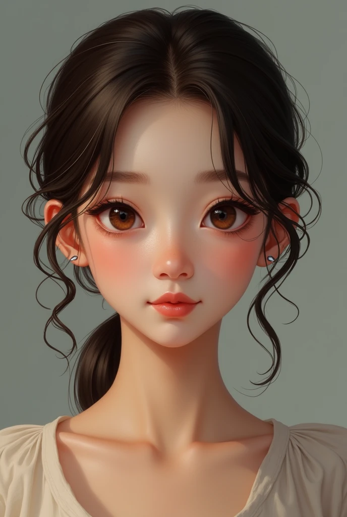 with a square shaped face. medium tone skin. Round eyes and striking large eyelashes. Small and defined eyebrows. delicate nose. Medium and defined mouth, sweet smile, delicate and defined chin. Cheek with a hole. Dark brown social cut hair.