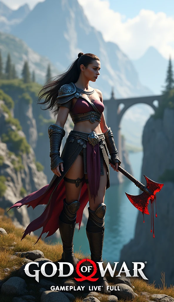 A 3D render of a God of War gameplay live session thumbnail. ATHENA is in the foreground, Athena Gods of War, medium shot, holding his axe high in the air. The axe has blood dripping from it. The background reveals a Nordic landscape with mountains, trees, and a bridge. The text "God of War gameplay live full" is placed at the bottom.