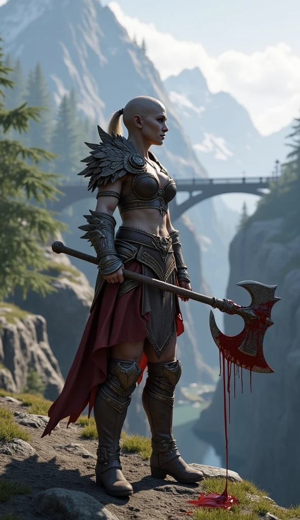 A 3D render of a God of War gameplay live session thumbnail. ATHENA is in the foreground, Athena Gods of War, medium shot, holding his axe high in the air. The axe has blood dripping from it. The background reveals a Nordic landscape with mountains, trees, and a bridge. The text "God of War gameplay live full" is placed at the bottom.