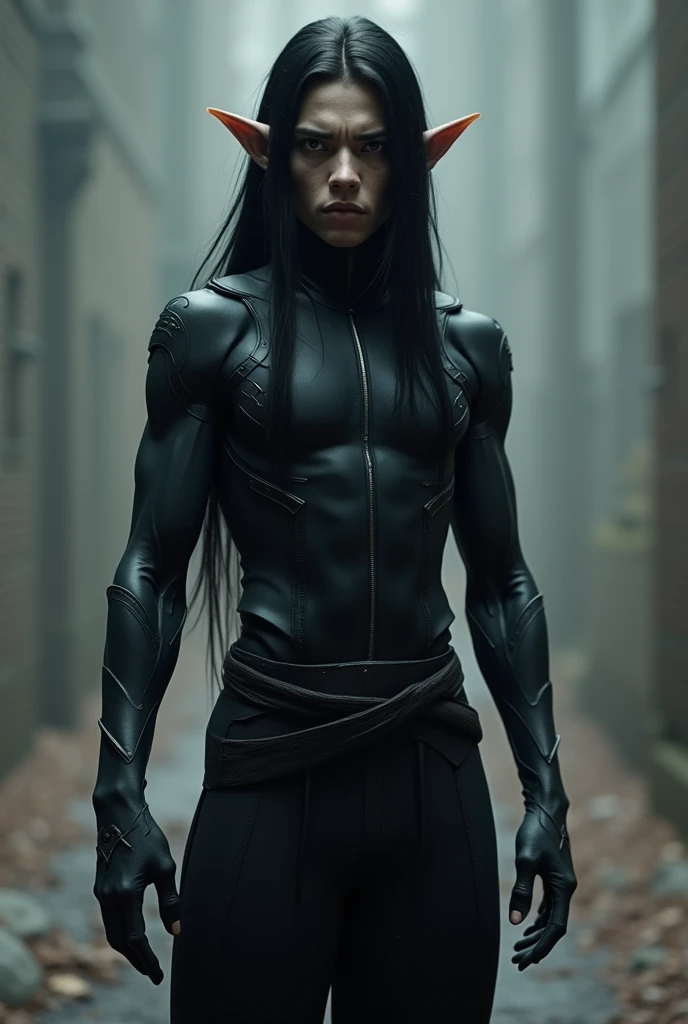 A tall young warrior man alien character,
with skin completely black as night,  and elf ears with long straight black hair, wearing an all-black, body-hugging military jumpsuit 