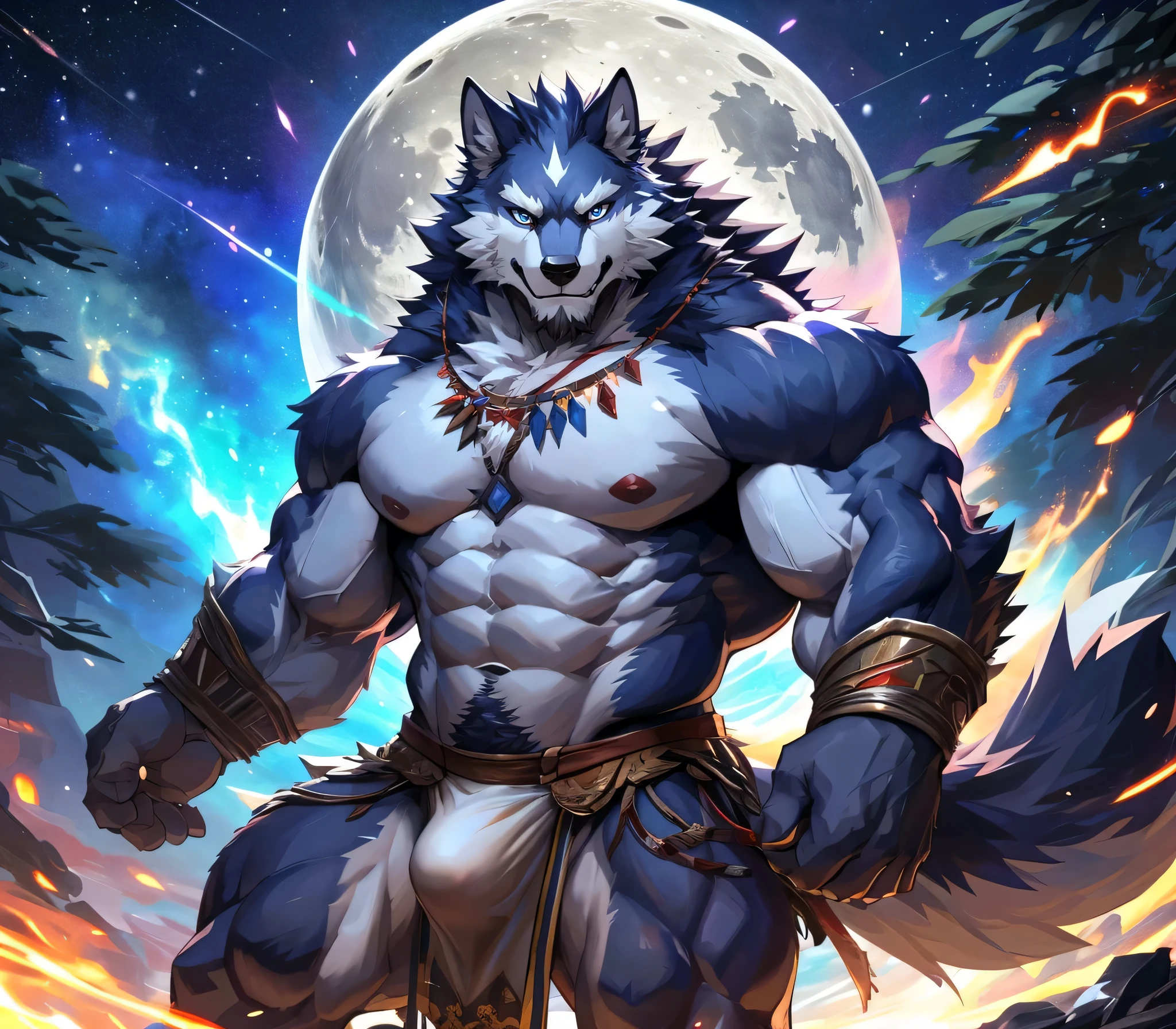 ((best quality)), ((masterpiece)), (ultra detailed), perfect face,(sharp eyes),sharp focus,japanese anime,manga,(artist: null-ghost,traver009, lindong, pino daeni), (male antro wolf):2.0,((deep indigo fur)), ((white belly)), vertical white on forehead, (sharp eye,ultra-detailed eyes), exquisite eyes, ((blue:0.1) eyes), ((wearing yellow loincloth):0.7, tribal clothing, with blue pattern):0.8,muscular male,sexy body, reflection, (Great physique),strong arms man,middle-age, strong, (((sfw:1.5))), ((abs, strong muscle, 8 pack)),(bulge), shirtless, topless, claw, pink nipples, white fluffy chest hair,wearing random pattern necklace, (indigo wolf tail, long fluffy tail), handsome, majestic, Delicate canine teeth, hairy, male, (full body), anime, night scenery, (full moon: 1.2), (shooting stars: 0.9), (nebula: 1.3), (warm light source: 1.2), (Firefly: 1.2), ( snowflake: 1.0), (snow on tree) (masterpiece: 1.2), (best quality), 4k, ultra detailed, (dynamic composition: 1.4), very detailed and colorful details, (iridescent colors: 1 ,2), (bright lighting, ambient lighting), dreamy, magical, (alone: ​​1.2)