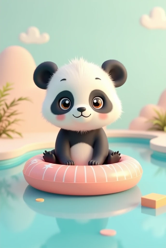 3d, Simple and cute, With gentle colors like a picture book , 8k, Highest quality,cute,Big anime eyes,Cute baby panda on a swimming ring.,mascot