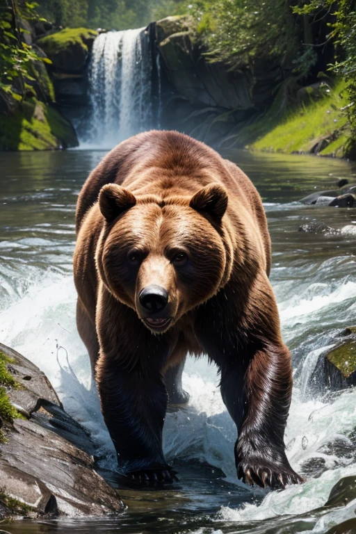 best quality, high quality, ultra quality, 8k, masterpiece, detailed, extremely detailed, insanely detailed, ultra detailed, ultra highres ,exquisite, lifelike Images,cinematic experience,UHD picture,Realistic,photorealistic,hyperrealistic,vivid,RAW photo,shot by DSLR, water land, water on the ground, Bear prowling, wet day, bear,  